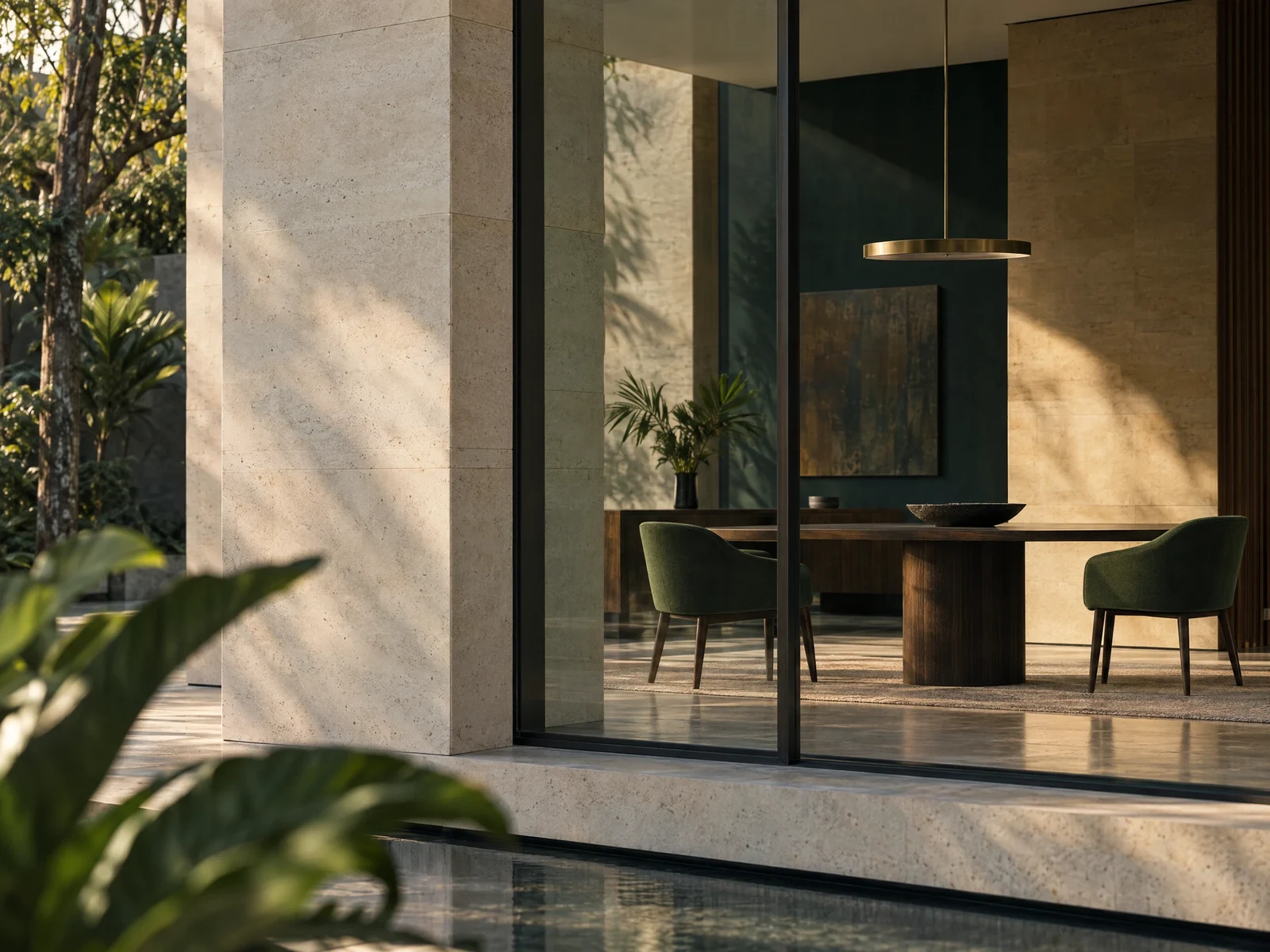 Illustrative architectural meeting environment with limestone and glass