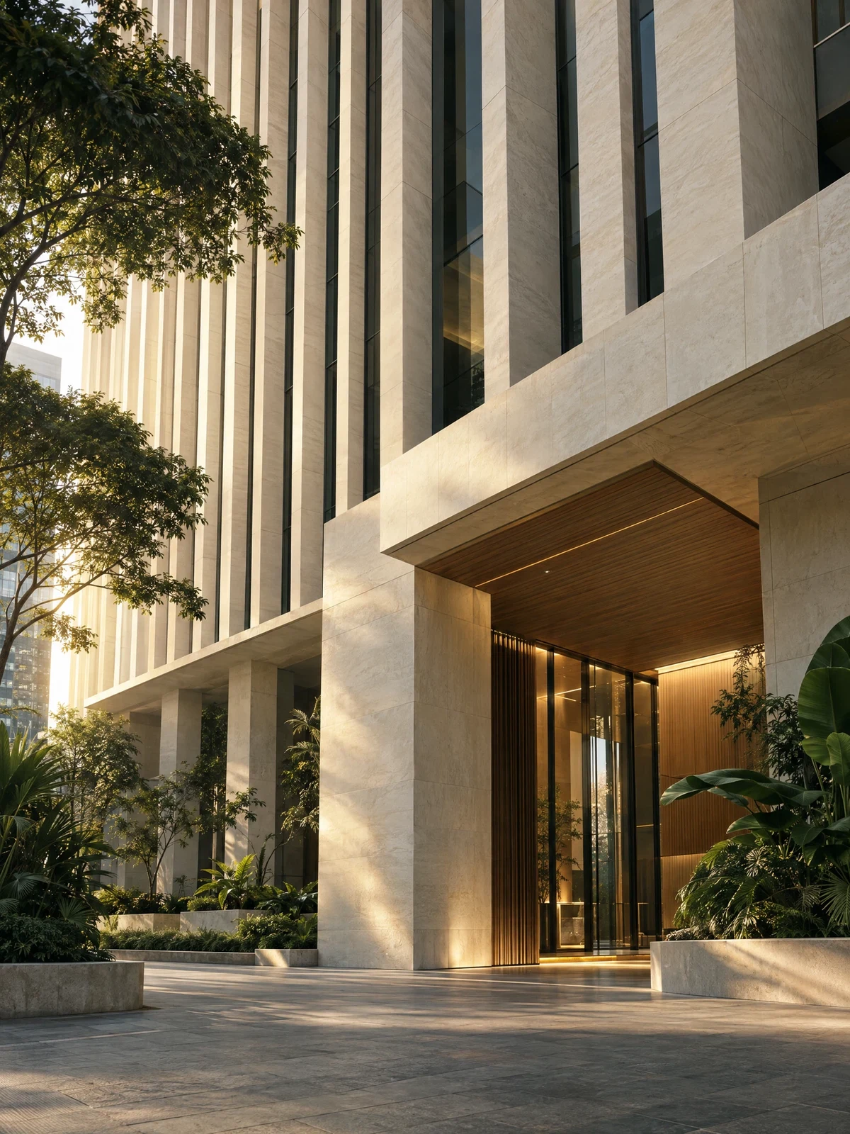 Illustrative limestone architecture in warm afternoon light