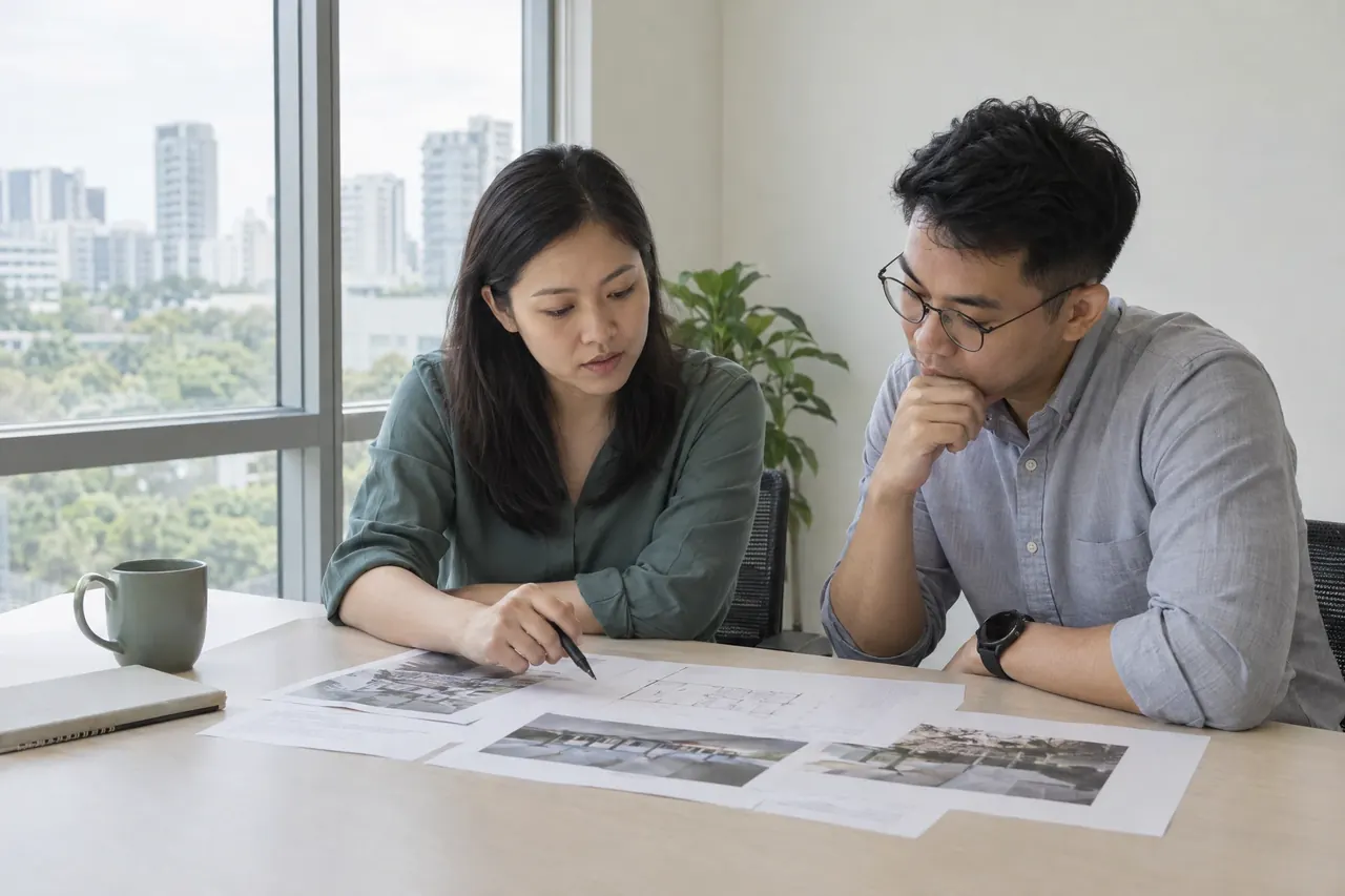 Two people reviewing printed documents at a table
